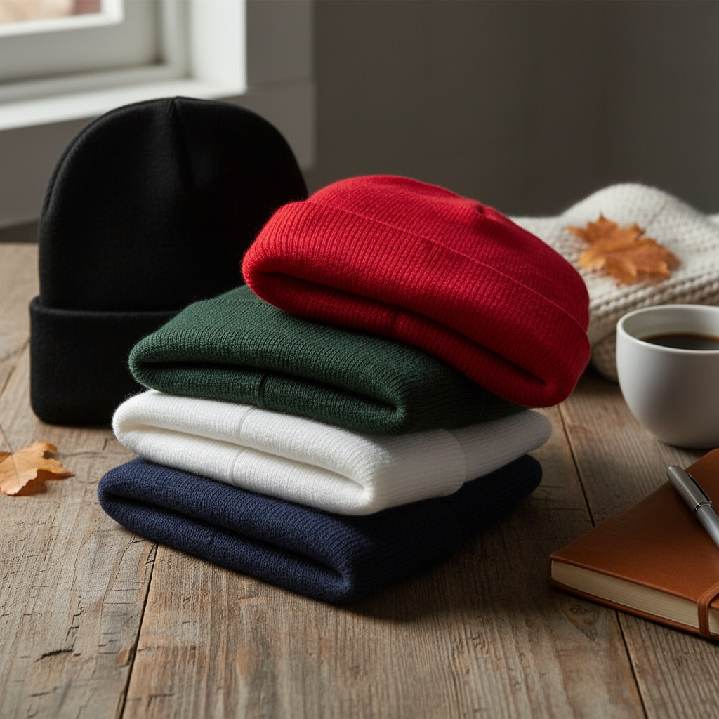 Beanies stacked on rustic wood with coffee and journal