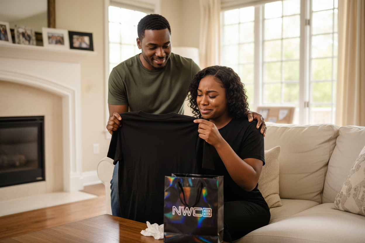 Black wife subtle tears soft smile - husband knowing loving look