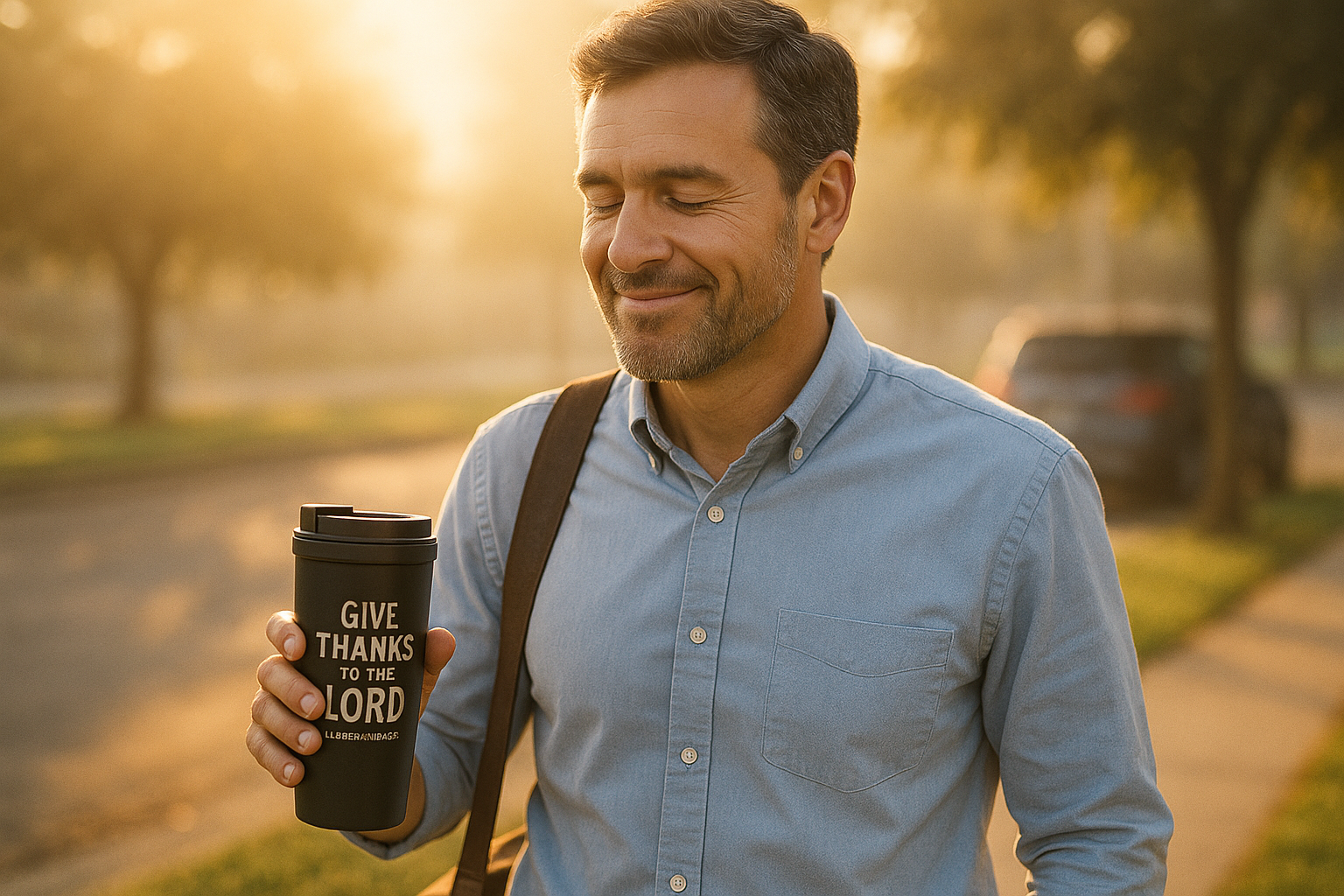 Grateful father with coffee tumbler