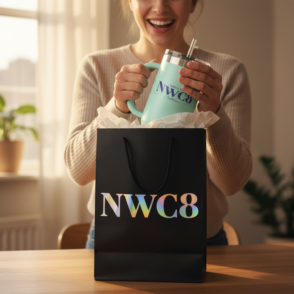 Person pulling tumbler out of NWC8 gift bag with excited smile