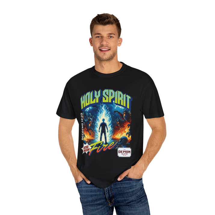Holy Spirit fire short sleeve Christian t-shirt, cool faith tee, vintage comic book style shirt, bible scripture quote, word of God tee