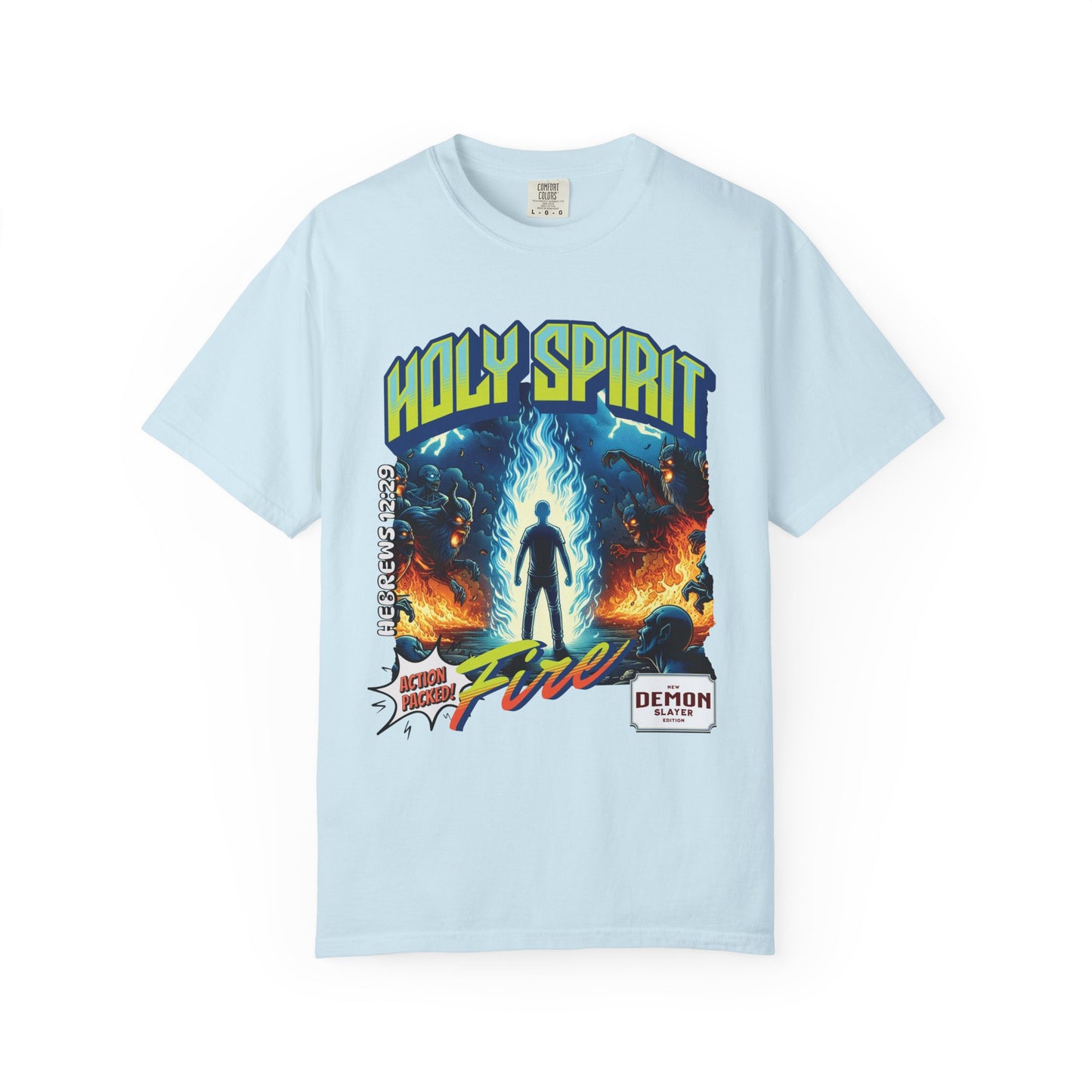 Holy Spirit fire short sleeve Christian t-shirt, cool faith tee, vintage comic book style shirt, bible scripture quote, word of God tee