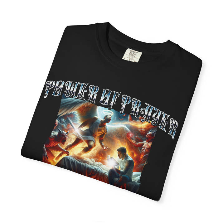 Power of prayer in action short sleeve Christian t-shirt, cool faith tee, mens supernatural spiritual warfare shirt, bible word of God tee