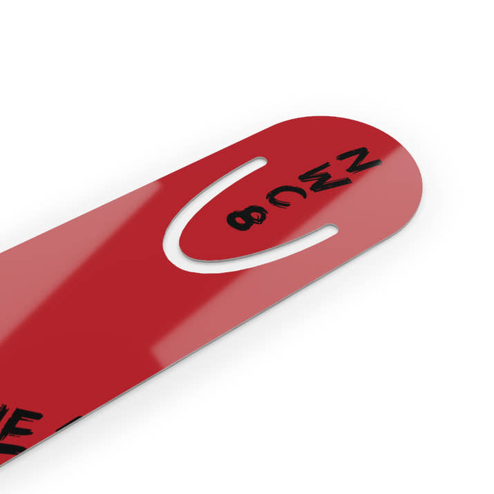 Red Metal Bookmark with 'NW C8' and Repeated 