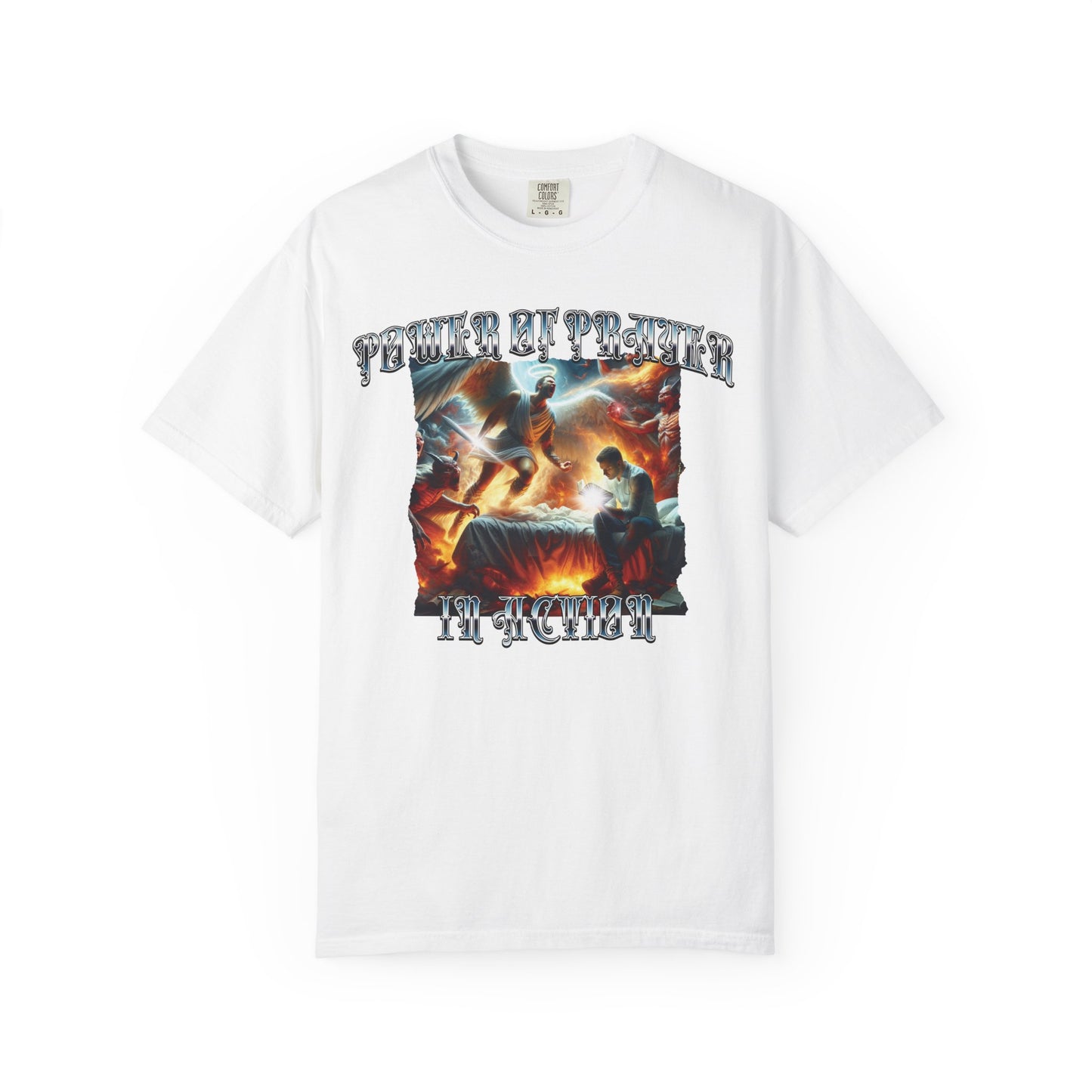 Power of prayer in action short sleeve Christian t-shirt, cool faith tee, mens supernatural spiritual warfare shirt, bible word of God tee