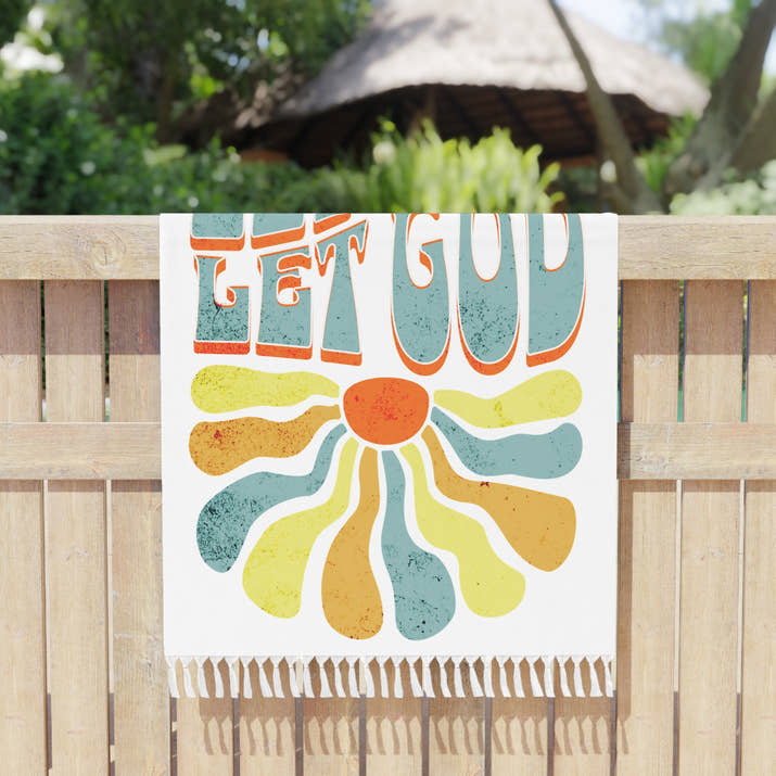 Boho Let go & Let God Beach Cloth towel, oversized christian towel, religious summer beach blanket, retro christian hippie fringed towel