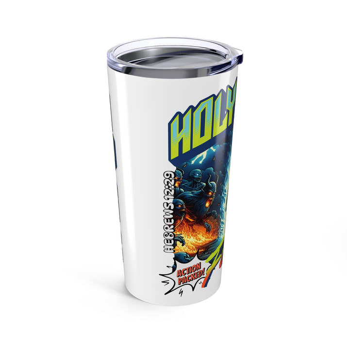 Holy Spirit fire Christian Tumbler 20oz, cool faith cup, vintage comic book style insulated cup, bible scripture quote, word of God