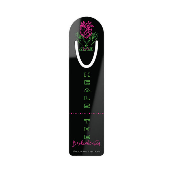 Neon heals the brokenhearted Jesus bible bookmark, mended heart in Jesus hands scripture quote Christian page marker