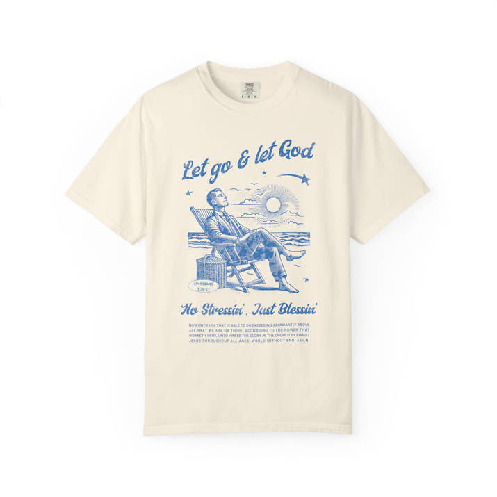 Let go & let God short sleeve beach Tee, Christian t-shirt, faith tee, vintage style shirt, bible scripture quote, Godly religious Jesus tee