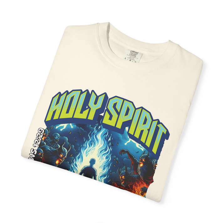Holy Spirit fire short sleeve Christian t-shirt, cool faith tee, vintage comic book style shirt, bible scripture quote, word of God tee