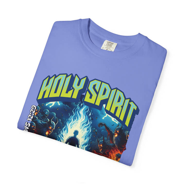 Holy Spirit fire short sleeve Christian t-shirt, cool faith tee, vintage comic book style shirt, bible scripture quote, word of God tee