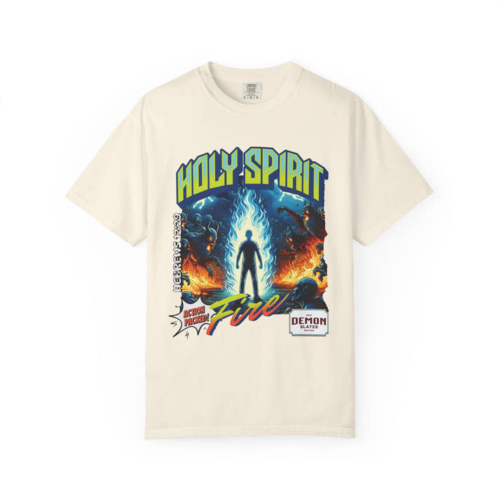 Holy Spirit fire short sleeve Christian t-shirt, cool faith tee, vintage comic book style shirt, bible scripture quote, word of God tee