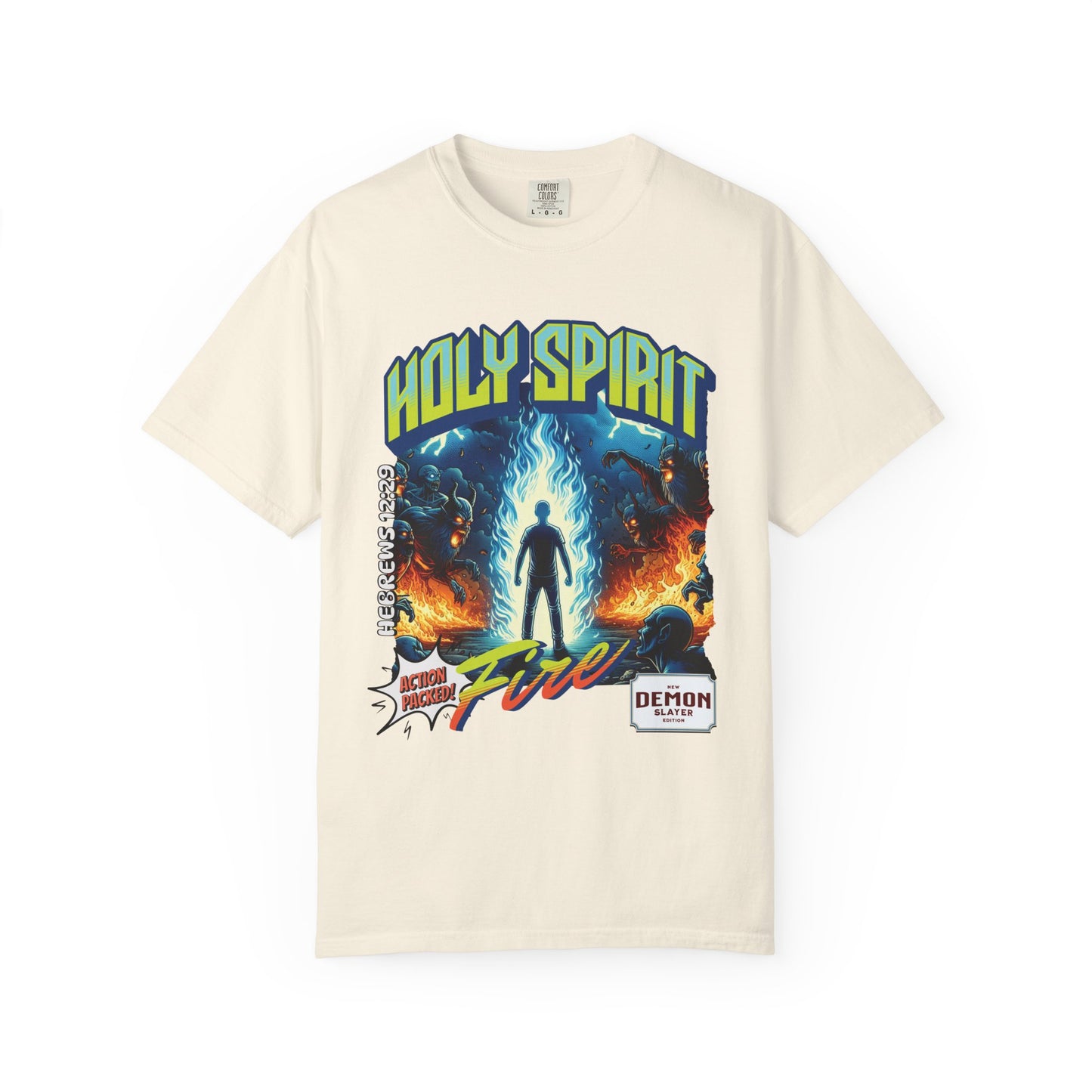 Holy Spirit fire short sleeve Christian t-shirt, cool faith tee, vintage comic book style shirt, bible scripture quote, word of God tee