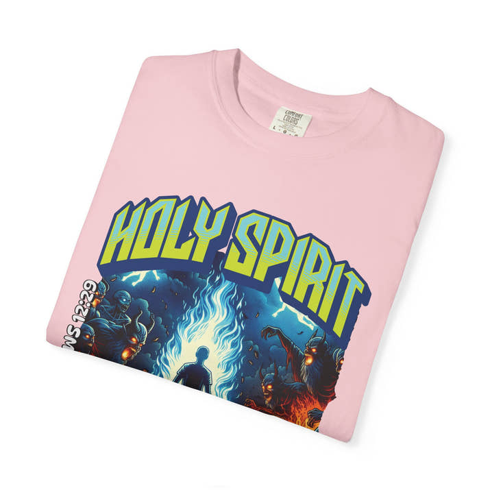 Holy Spirit fire short sleeve Christian t-shirt, cool faith tee, vintage comic book style shirt, bible scripture quote, word of God tee
