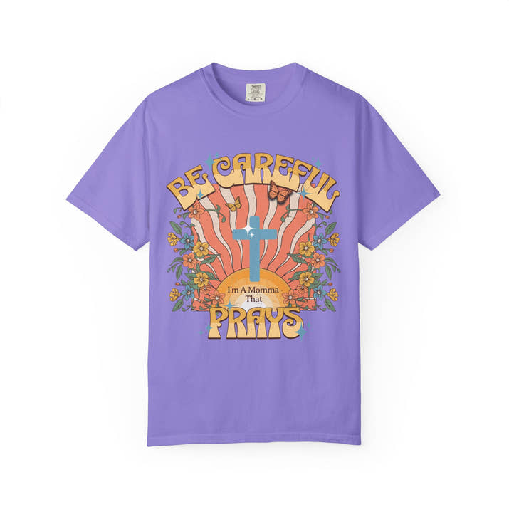 Be careful I'm a momma that prays Mother's Day T-shirt, funny retro style praying momma shirt, Christian faith tee, Jesus cross humor short sleeve shirt, christian apparel