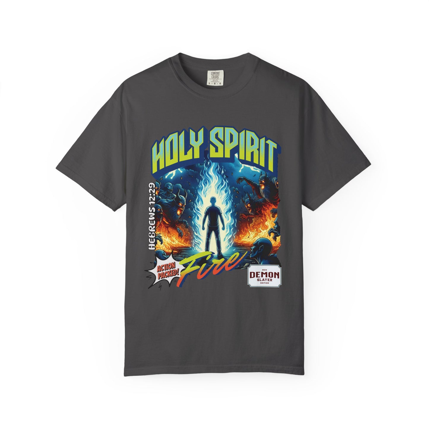 Holy Spirit fire short sleeve Christian t-shirt, cool faith tee, vintage comic book style shirt, bible scripture quote, word of God tee