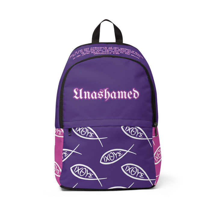 Christian tri color unashamed fisher of men Backpack, bible verse scripture Jesus faith bookbag