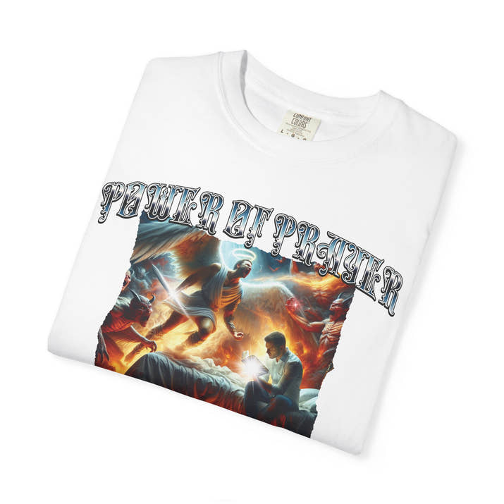 Power of prayer in action short sleeve Christian t-shirt, cool faith tee, mens supernatural spiritual warfare shirt, bible word of God tee