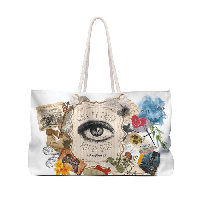 Walk by faith christian Weekender Bag, religious scrapbook spiritual bible tote, woman of faith canvas purse, summer beach overnight bag