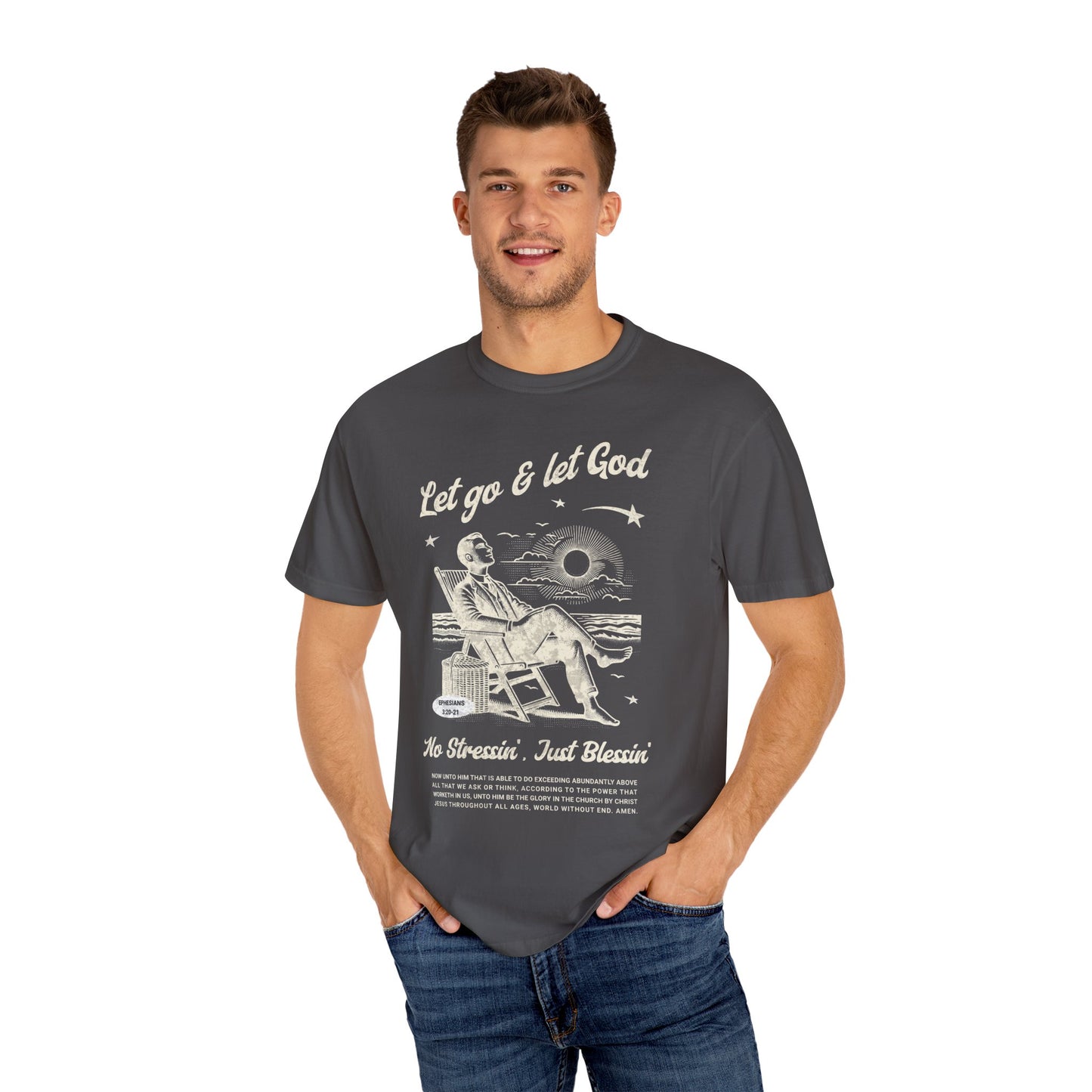 Let go & let God short sleeve beach Tee, Christian t-shirt, faith tee, vintage style shirt, bible scripture quote, Godly religious Jesus tee
