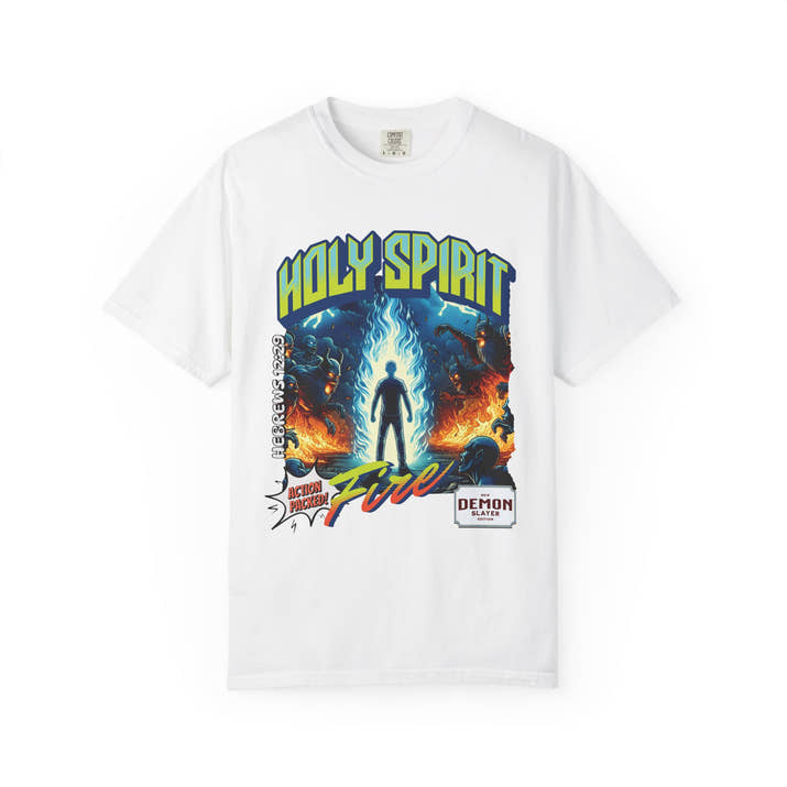 Holy Spirit fire short sleeve Christian t-shirt, cool faith tee, vintage comic book style shirt, bible scripture quote, word of God tee