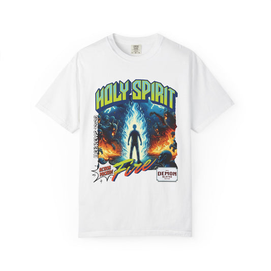 Holy Spirit fire short sleeve Christian t-shirt, cool faith tee, vintage comic book style shirt, bible scripture quote, word of God tee