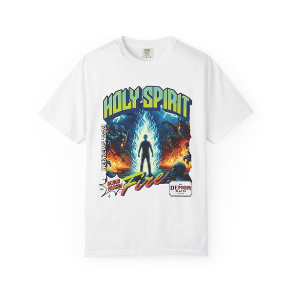 Holy Spirit fire short sleeve Christian t-shirt, cool faith tee, vintage comic book style shirt, bible scripture quote, word of God tee