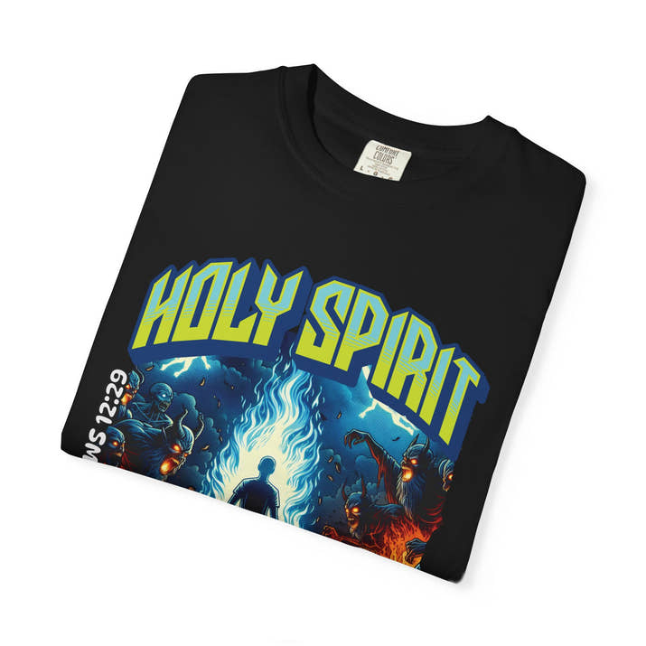 Holy Spirit fire short sleeve Christian t-shirt, cool faith tee, vintage comic book style shirt, bible scripture quote, word of God tee