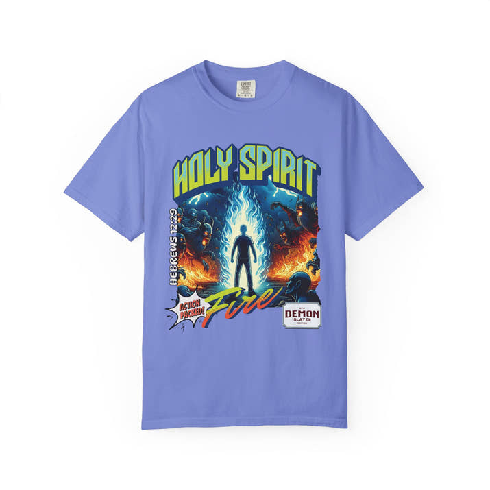Holy Spirit fire short sleeve Christian t-shirt, cool faith tee, vintage comic book style shirt, bible scripture quote, word of God tee