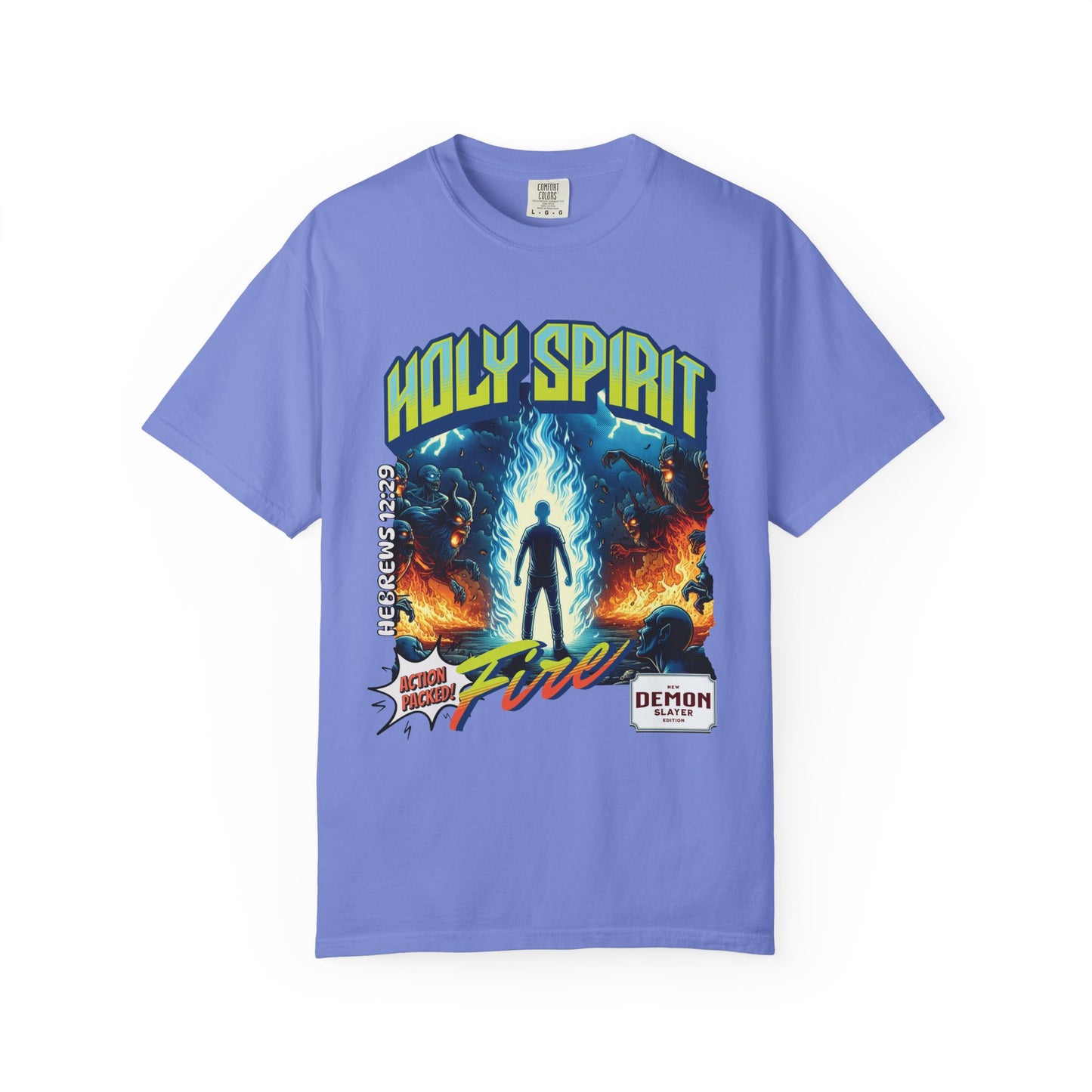 Holy Spirit fire short sleeve Christian t-shirt, cool faith tee, vintage comic book style shirt, bible scripture quote, word of God tee