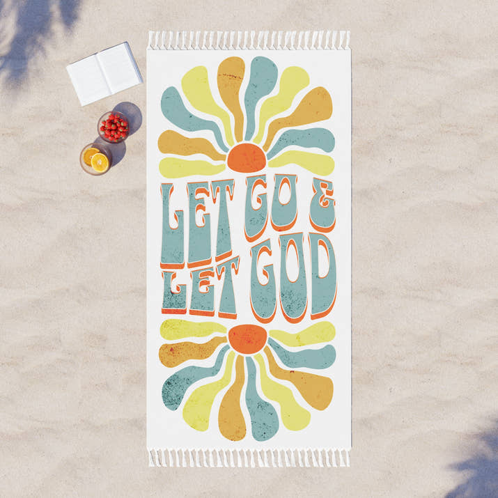 Boho Let go & Let God Beach Cloth towel, oversized christian towel, religious summer beach blanket, retro christian hippie fringed towel