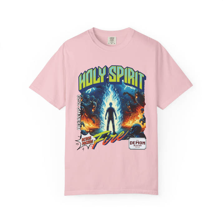 Holy Spirit fire short sleeve Christian t-shirt, cool faith tee, vintage comic book style shirt, bible scripture quote, word of God tee