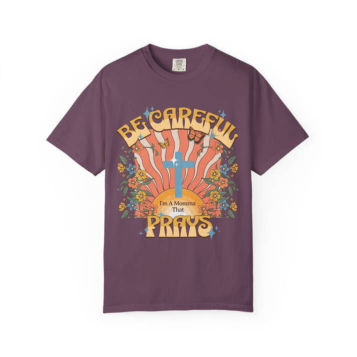 Be careful I'm a momma that prays Mother's Day T-shirt, funny retro style praying momma shirt, Christian faith tee, Jesus cross humor short sleeve shirt, christian apparel