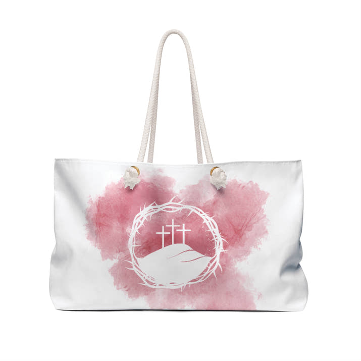 Crown of thorns three cross Christian Weekender Bag, religious easter faith tote, Jesus Crucifixion canvas purse, summer beach overnight