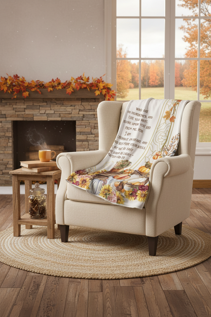 I will give you rest cozy fall Sherpa Fleece Throw Blanket - Matthew 11:28-30