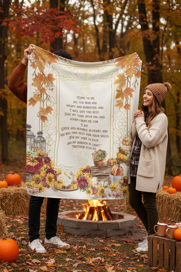 I will give you rest cozy fall Sherpa Fleece Throw Blanket - Matthew 11:28-30