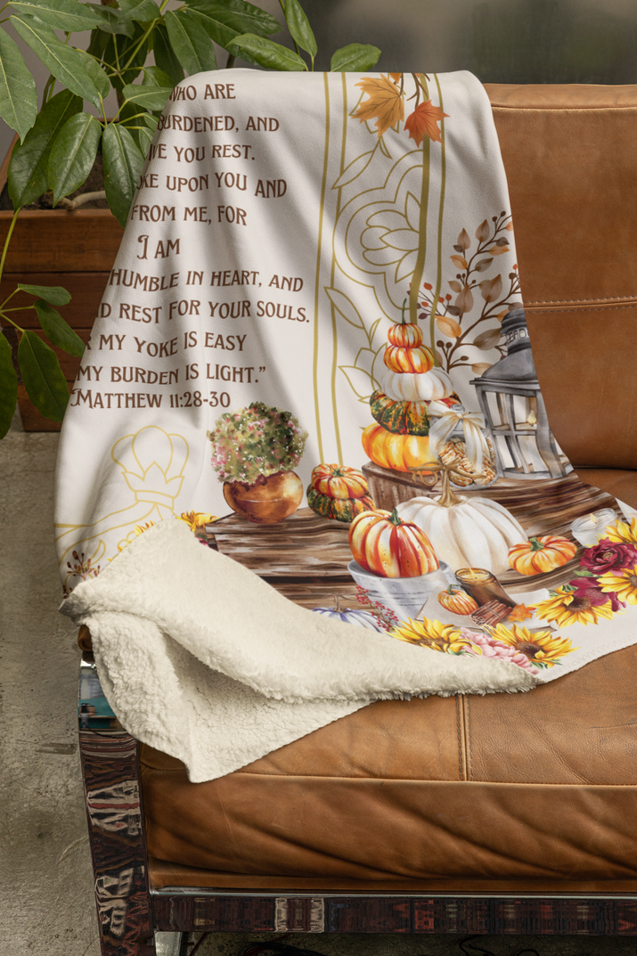 I will give you rest cozy fall Sherpa Fleece Throw Blanket - Matthew 11:28-30