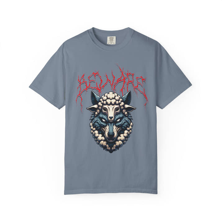 Beware of wolves short sleeve unique Christian t-shirt, cool faith tee, mens rocker spiritual shirt, bible scripture word of God tee
