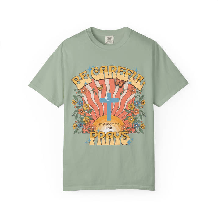 Be careful I'm a momma that prays Mother's Day T-shirt, funny retro style praying momma shirt, Christian faith tee, Jesus cross humor short sleeve shirt, christian apparel