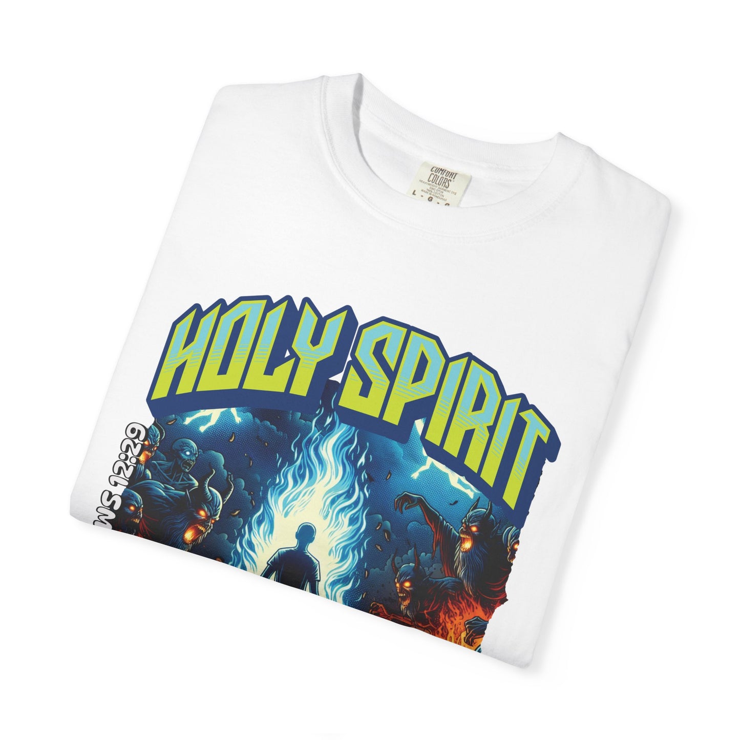 Holy Spirit fire short sleeve Christian t-shirt, cool faith tee, vintage comic book style shirt, bible scripture quote, word of God tee