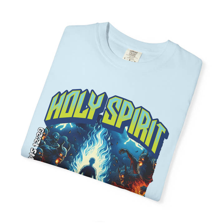 Holy Spirit fire short sleeve Christian t-shirt, cool faith tee, vintage comic book style shirt, bible scripture quote, word of God tee