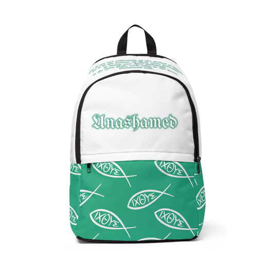 Christian teal unashamed fisher of men Backpack, bible verse scripture Jesus faith bookbag