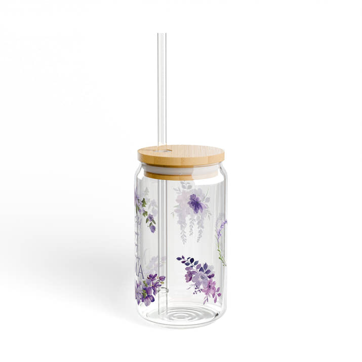 elegant purple flower mama glass tumbler Mothers day gift, christian drinking glass, wife faith tumbler glass cup, pretty tumbler