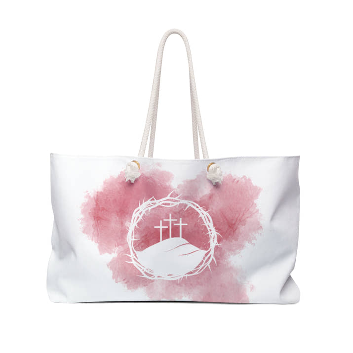 Crown of thorns three cross Christian Weekender Bag, religious easter faith tote, Jesus Crucifixion canvas purse, summer beach overnight
