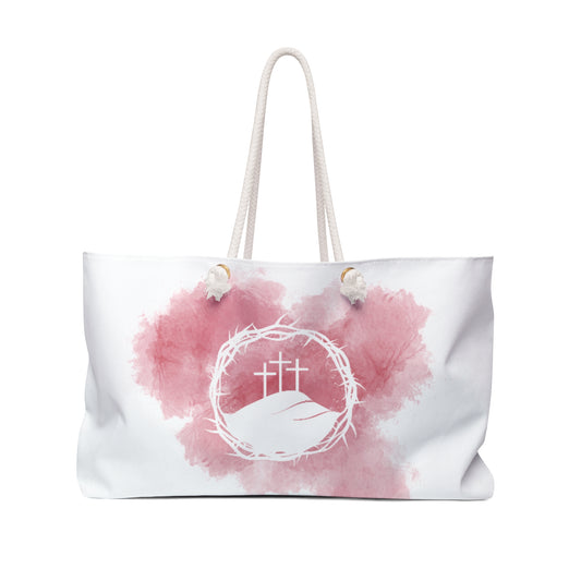 Crown of thorns three cross Christian Weekender Bag, religious easter faith tote, Jesus Crucifixion canvas purse, summer beach overnight