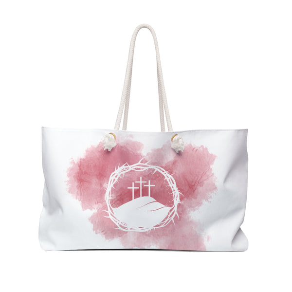 Crown of thorns three cross Christian Weekender Bag, religious easter faith tote, Jesus Crucifixion canvas purse, summer beach overnight