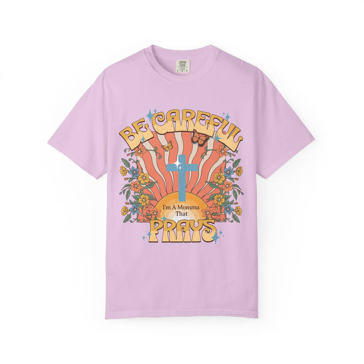 Be careful I'm a momma that prays Mother's Day T-shirt, funny retro style praying momma shirt, Christian faith tee, Jesus cross humor short sleeve shirt, christian apparel