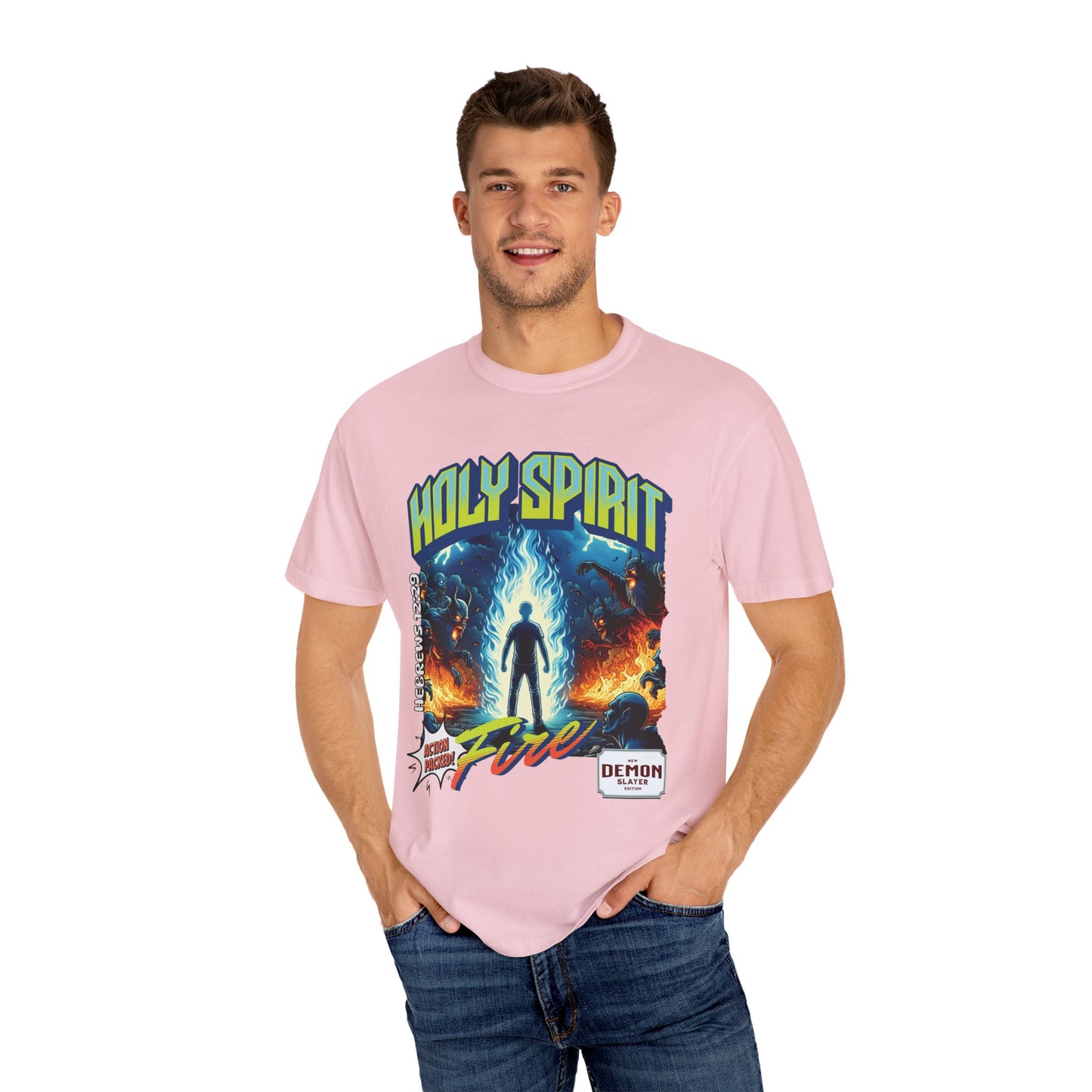 Holy Spirit fire short sleeve Christian t-shirt, cool faith tee, vintage comic book style shirt, bible scripture quote, word of God tee