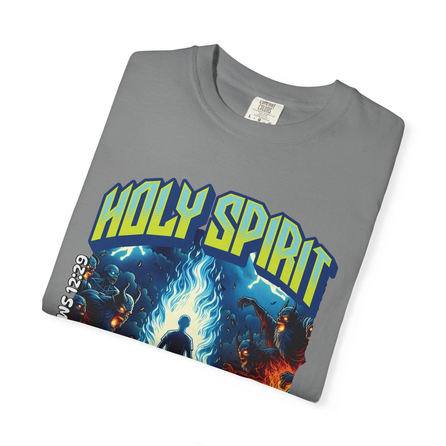 Holy Spirit fire short sleeve Christian t-shirt, cool faith tee, vintage comic book style shirt, bible scripture quote, word of God tee