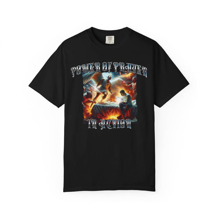Power of prayer in action short sleeve Christian t-shirt, cool faith tee, mens supernatural spiritual warfare shirt, bible word of God tee